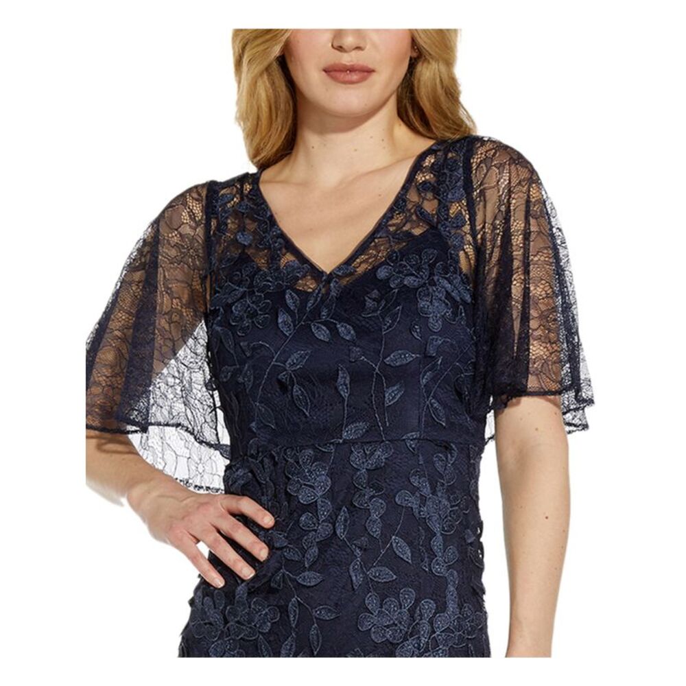 ADRIANNA PAPELL Womens Navy Side Slit  Lined Flutter Sleeve Maxi Formal Dress 14 - Picture 3 of 5